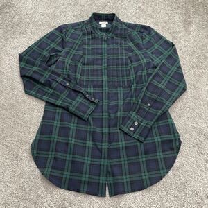 J.Crew Drapey Tuxedo Pleated Shirt Women XXS Blue Green Plaid Long Sleeve Cotton